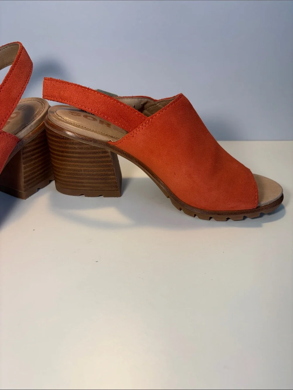 Sorel Orange Suede Peep-Toe Slingback Block Heel Sandals
